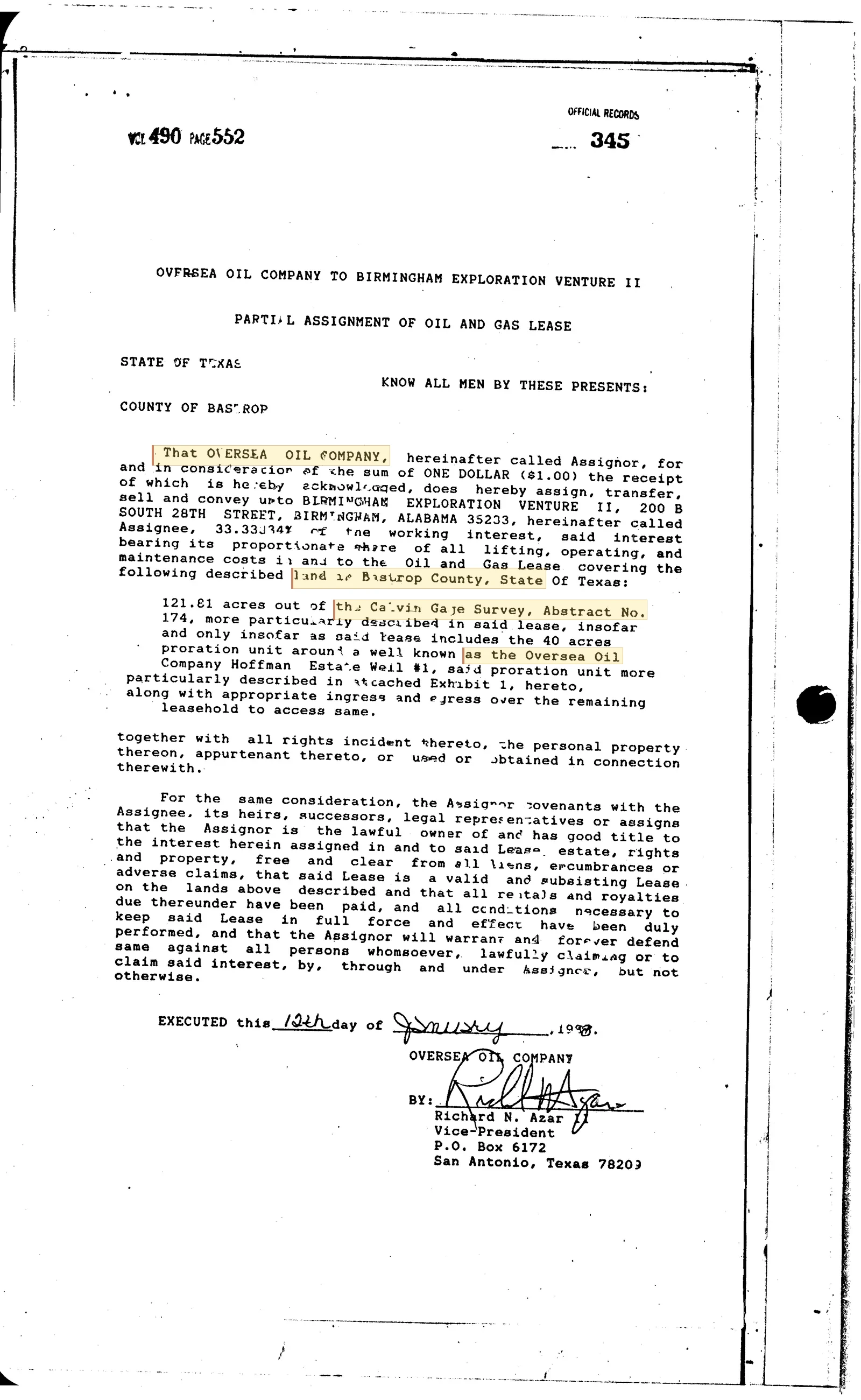 Oversea Oil Company Recorded Partial Assignment (Bastrop County Vol. 490, Page 552)