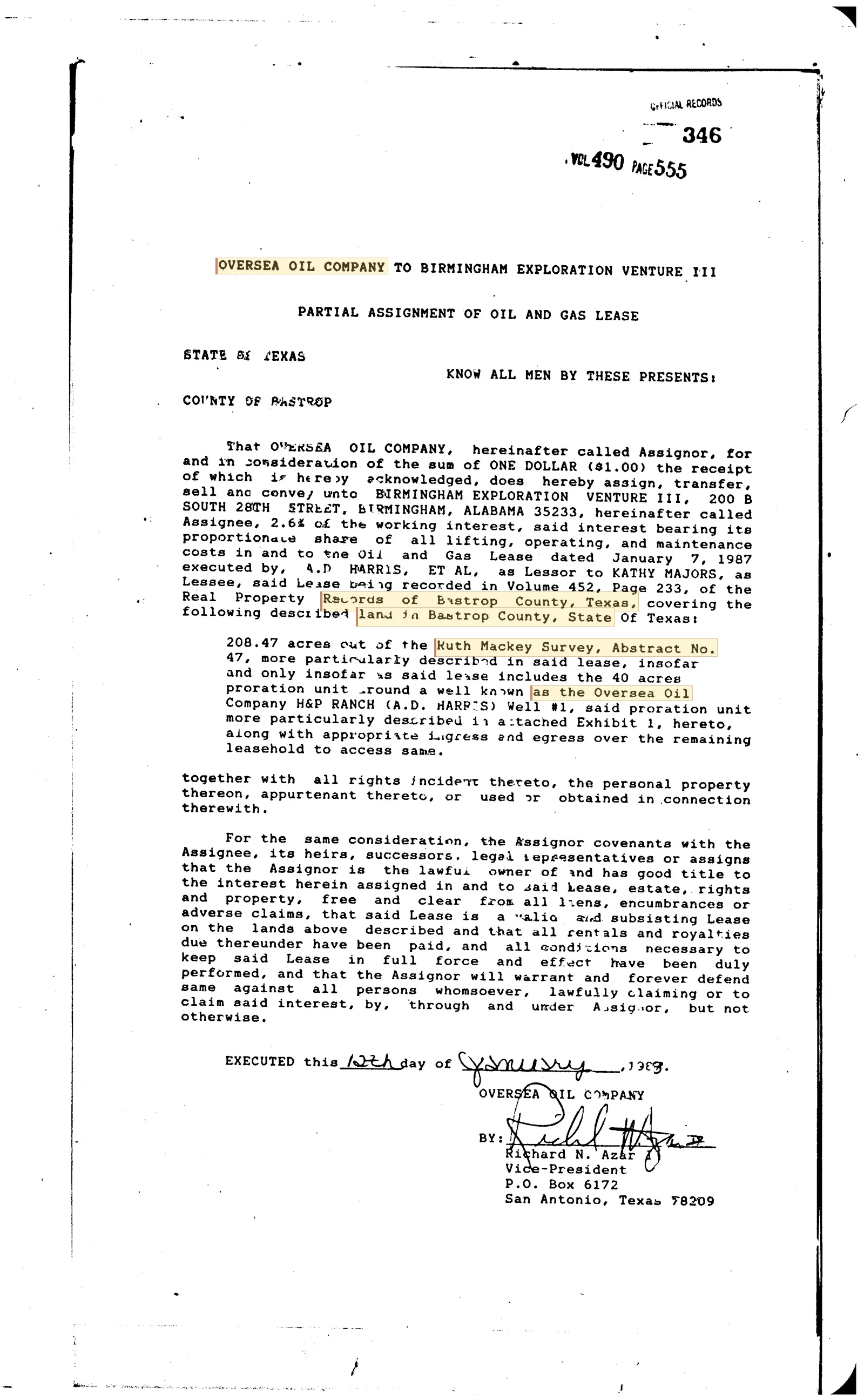 Oversea Oil Company Recorded Assignment (Bastrop County Vol. 490, Page 555)